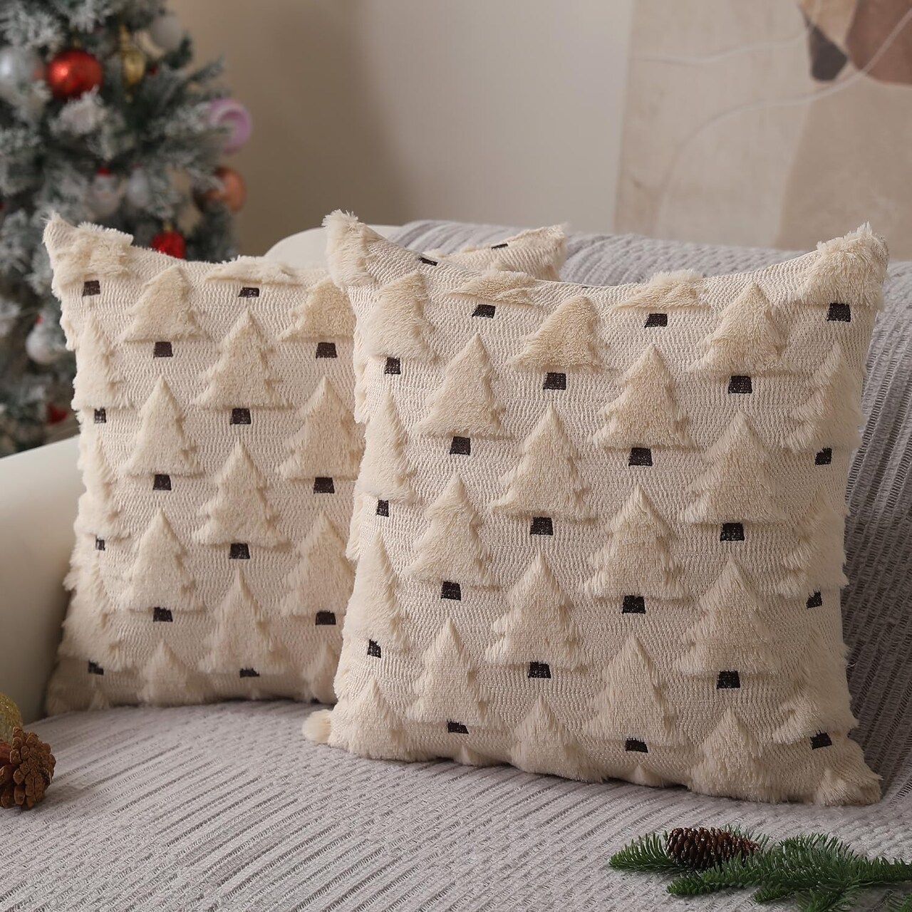 Christmas Pillow Covers Set of 2 – 18x18 Inch Soft Plush Faux Fur Throw Pillow Cases with Beige Hand-Embroidered Christmas Tree Design for Sofa, Living Room, Holiday Décor (Beige)